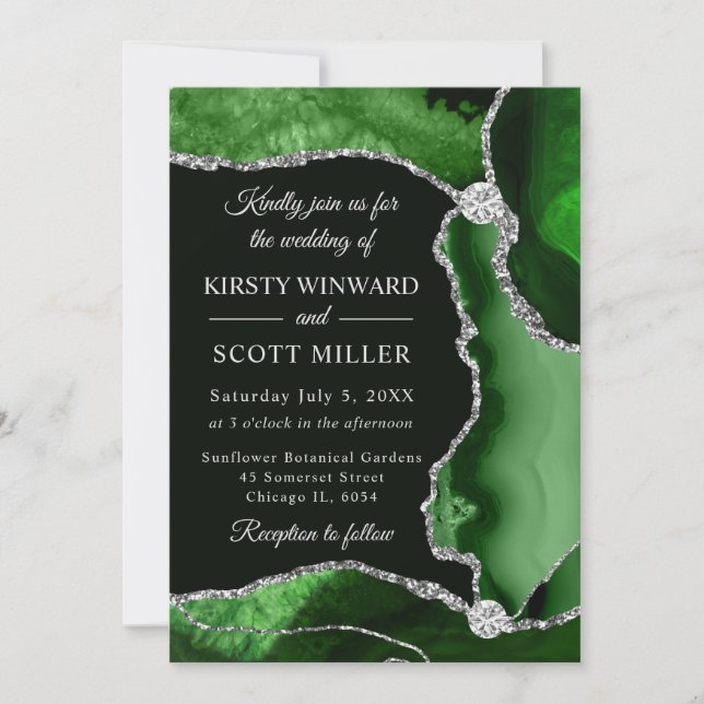 Green and Silver Faux Glitter Agate Wedding Invitation (Front)