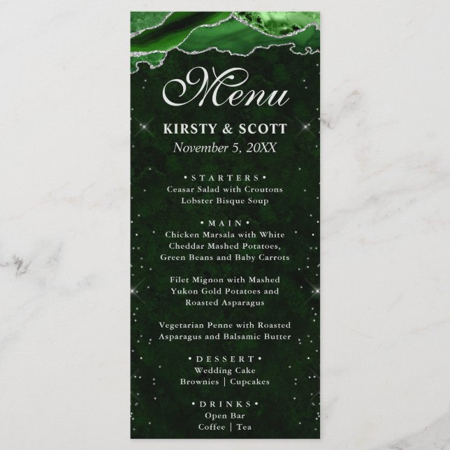 Green and Silver Faux Glitter Agate Wedding Menu (Front)