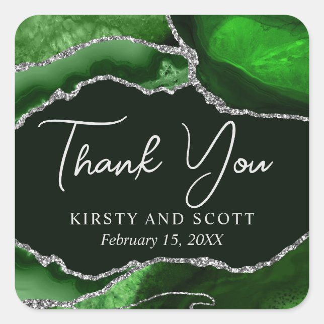Green and Silver Faux Glitter Agate Wedding Square Sticker (Front)
