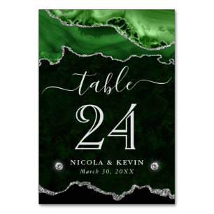 Green and Silver Faux Glitter Agate Wedding Table Number