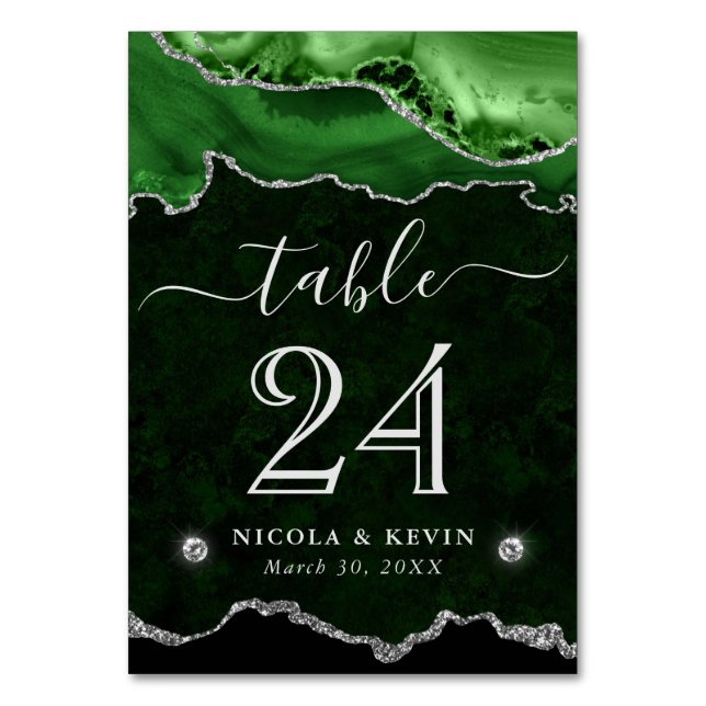 Green and Silver Faux Glitter Agate Wedding Table Number (Front)