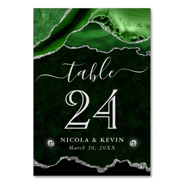Green and Silver Faux Glitter Agate Wedding Table Number (Front)