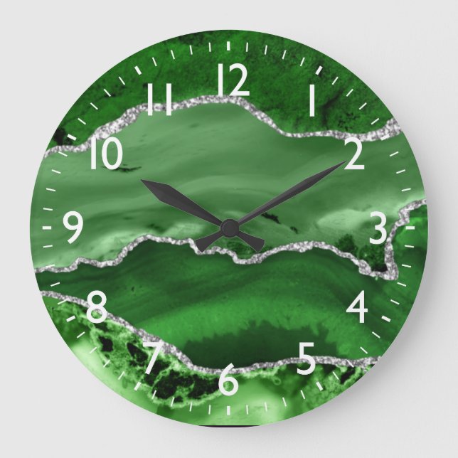 Green and Silver Faux Glitter Marble Agate  Large Clock (Front)