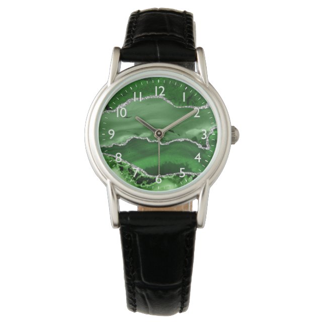 Green and Silver Faux Glitter Marble Agate Watch (Front)