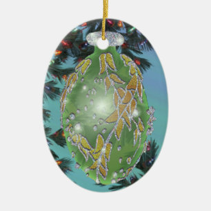 Green and Silver Glass Bulb Ceramic Ornament