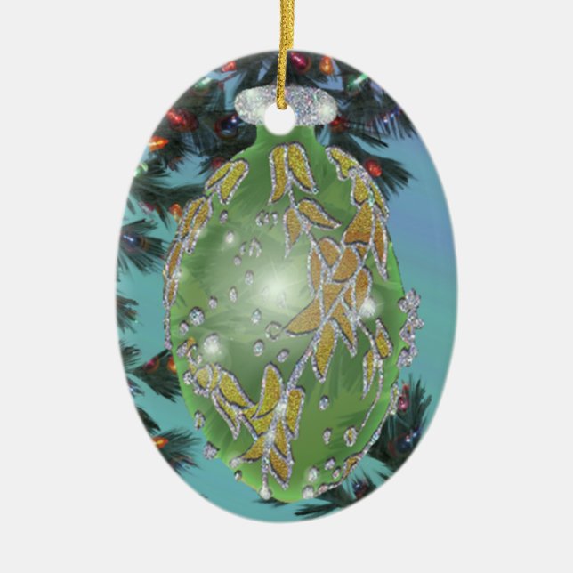 Green and Silver Glass Bulb Ceramic Ornament (Front)