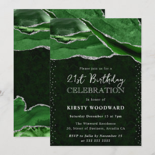 Green and Silver Glitter Agate 21st Birthday Invitation