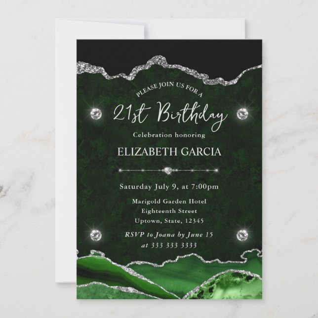 Green and Silver Glitter Agate 21st Birthday Invitation (Front)
