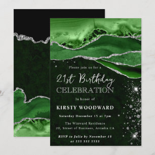 Green and Silver Glitter Agate 21st Birthday Invitation
