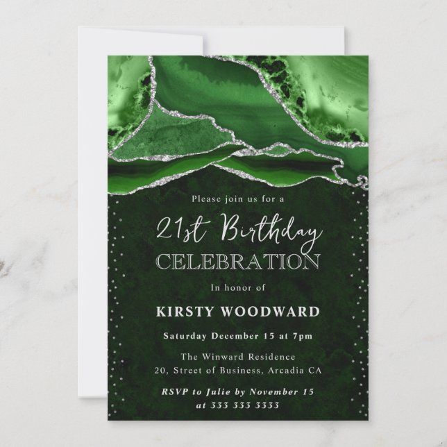 Green and Silver Glitter Agate 21st Birthday Invitation (Front)