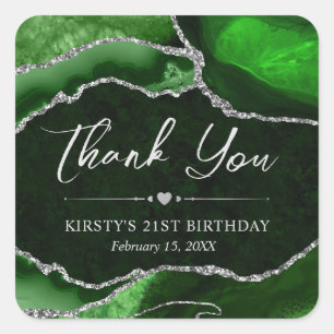 Green and Silver Glitter Agate Birthday Party Square Sticker