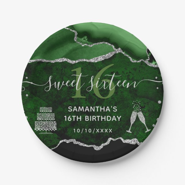 Green and Silver Glitter Agate Marble Sweet 16 Paper Plate (Front)