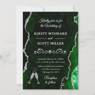Green and Silver Glitter Agate & Marble Wedding Invitation