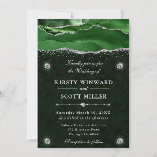 Green and Silver Glitter Agate Wedding Invitation
