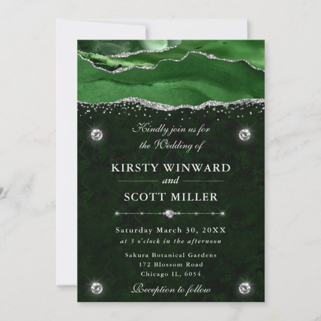 Green and Silver Glitter Agate Wedding Invitation (Front)
