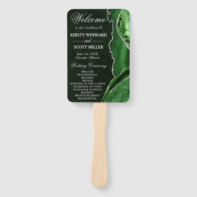 Green and Silver Glitter Agate Wedding Program Hand Fan (Front)