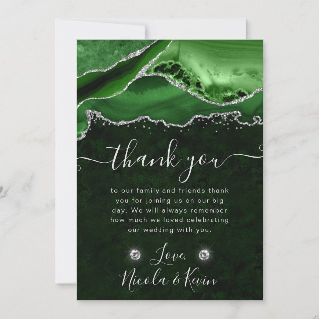 Green and Silver Glitter Agate Wedding Thank You Card (Front)