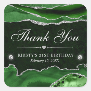 Green and Silver Glitter Marble Birthday Party Square Sticker