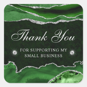 Green and Silver Glitter Marble Small Business Square Sticker