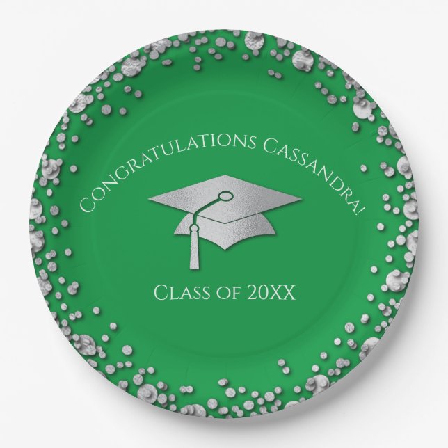Green and Silver Graduation Paper Plate (Front)