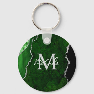 Green and Silver Marble Agate Key Ring