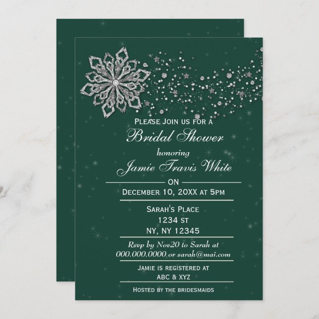 green and Silver Winter Bridal shower invite (Front/Back)
