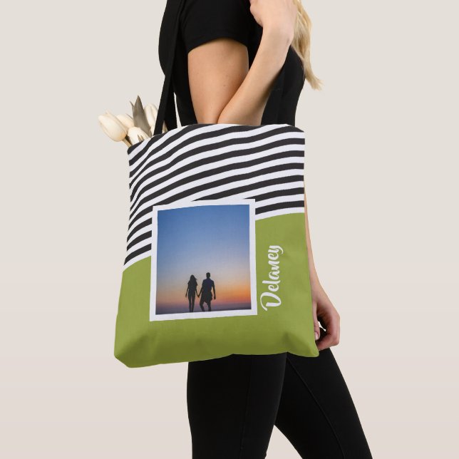 Green and Striped Pattern Personalised Photo Tote Bag (Close Up)