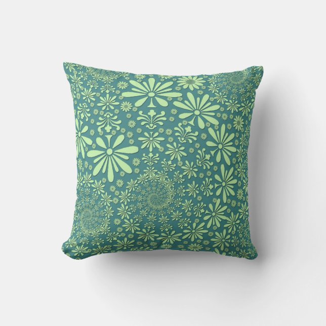 Green and Teal Blue Floral Pattern Cushion (Front)