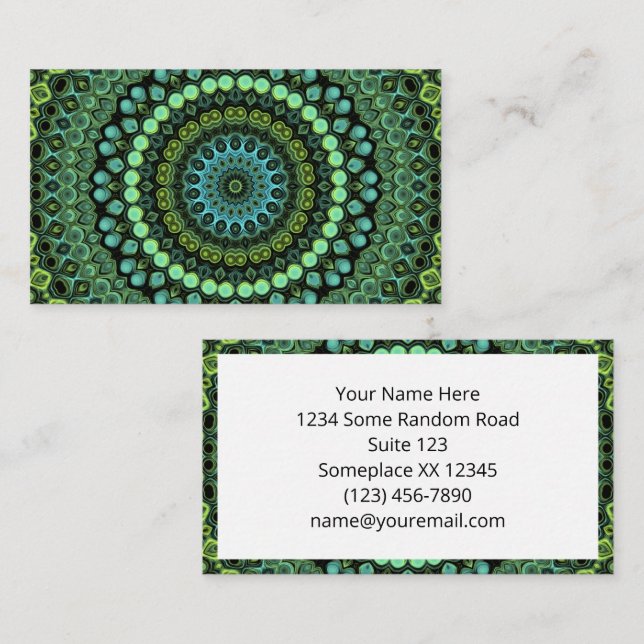 Green and Teal Kaleidoscope Mandala Pattern Business Card (Front/Back)