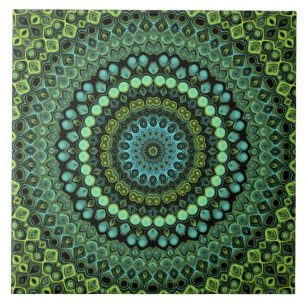 Green and Teal Kaleidoscope Mandala Pattern Ceramic Tile