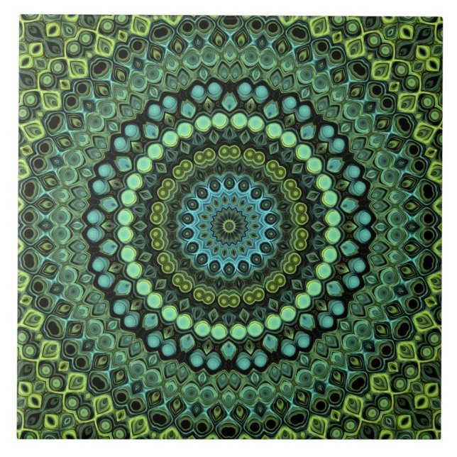 Green and Teal Kaleidoscope Mandala Pattern Ceramic Tile (Front)