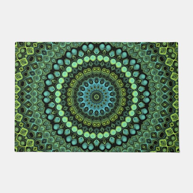 Green and Teal Kaleidoscope Mandala Pattern Doormat (Front)