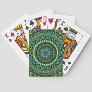Green and Teal Kaleidoscope Mandala Pattern Playing Cards