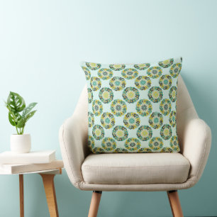 Green and Teal Modern Geometric Flower Pattern Cushion