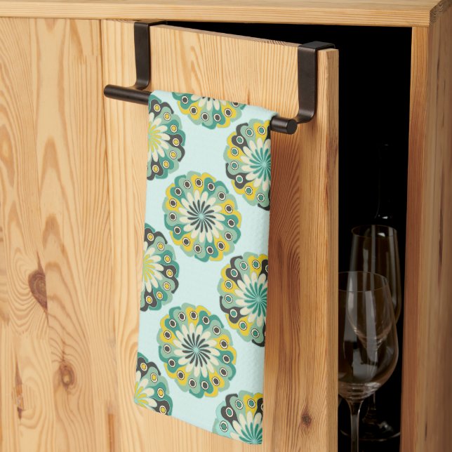 Green and Teal Modern Geometric Flower Pattern Tea Towel (Thirds Fold)