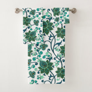 Green And Teal Paisley Flowers  Bath Towel Set
