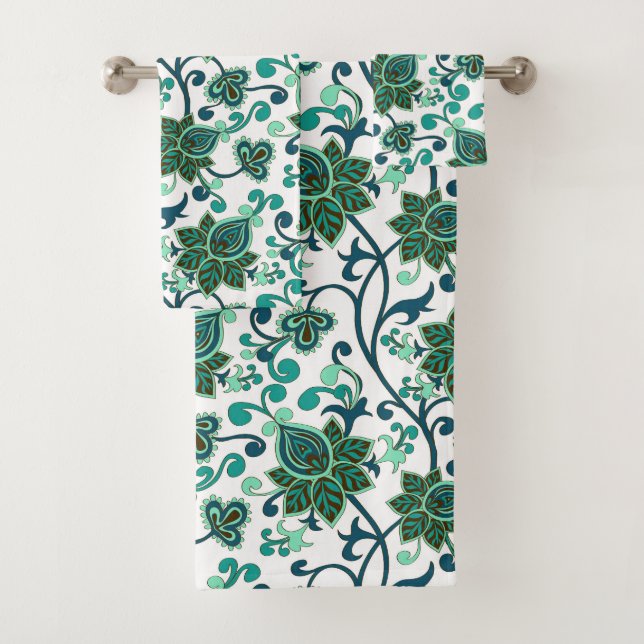 Green And Teal Paisley Flowers  Bath Towel Set (Insitu)