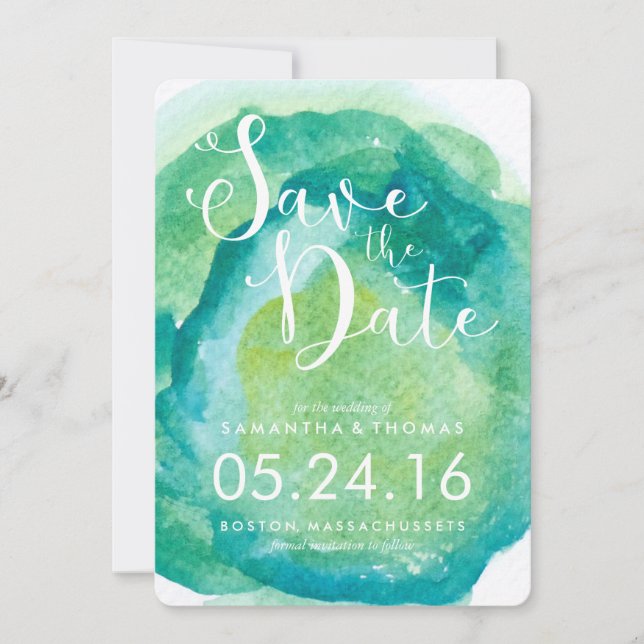 Green and Teal Watercolors Save the Date (Front)
