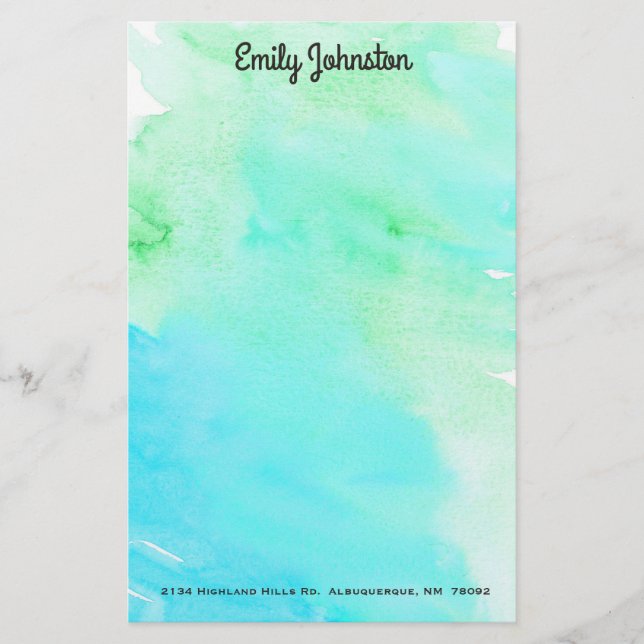 Green and Turquoise Watercolor Custom Stationery (Front)