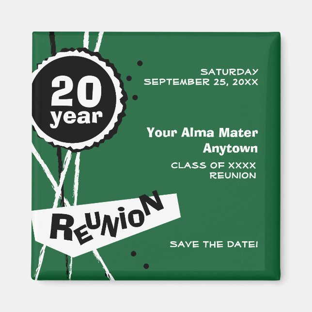 Green and White 20 Year Class Reunion Magnet (Front)