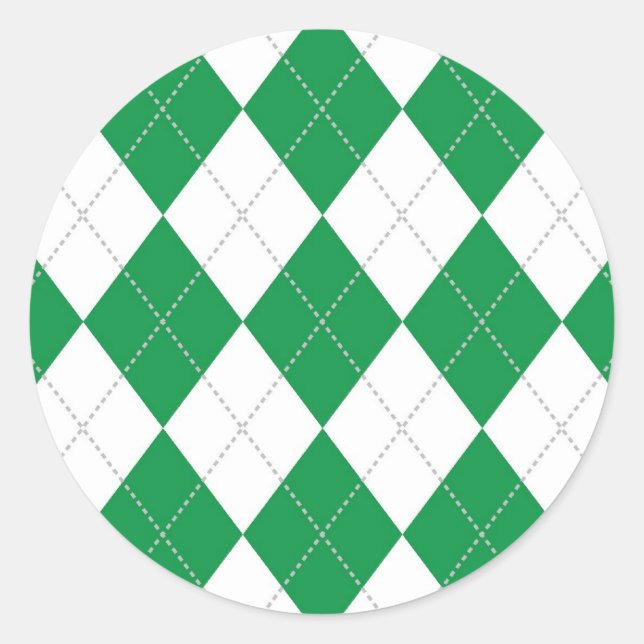 Green and White Argyle Pattern Classic Round Sticker (Front)