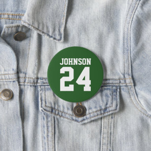 Green and White Athlete Name Jersey Number 7.5 Cm Round Badge