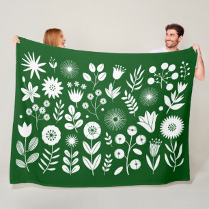 Green and White Boho Wildflower Fleece Blanket