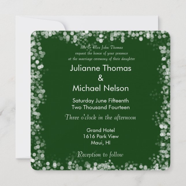 Green and White Bokeh Wedding Invitation (Front)
