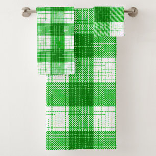 Green and White Bold Checkered Plaid Design Bath Towel Set