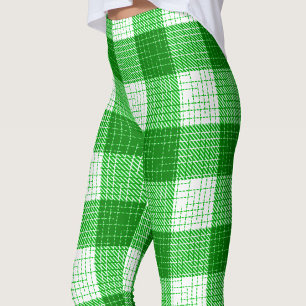 Green and White Bold Checkered Plaid Design  Leggings