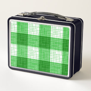 Green and White Bold Checkered Plaid Design Metal Lunch Box