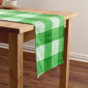 Green and White Bold Checkered Plaid Design Short Table Runner