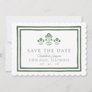 Green and White Botanical Block Print Wedding Save The Date