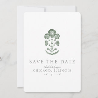 Green and White Botanical Block Print Wedding Save The Date